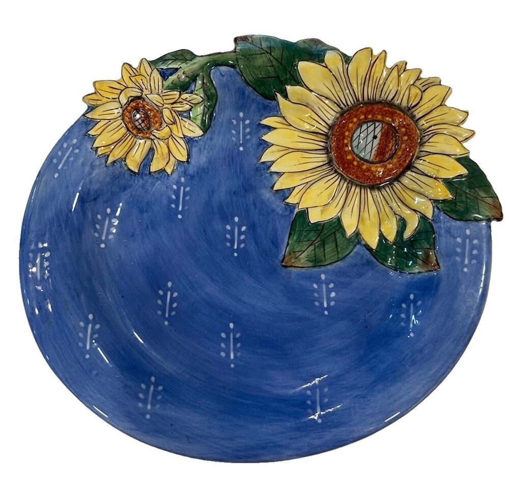 Vtg Fitz and Floyd Essentials Sunflower Plate Asymmetrical 9.5” Blue Chinoiserie